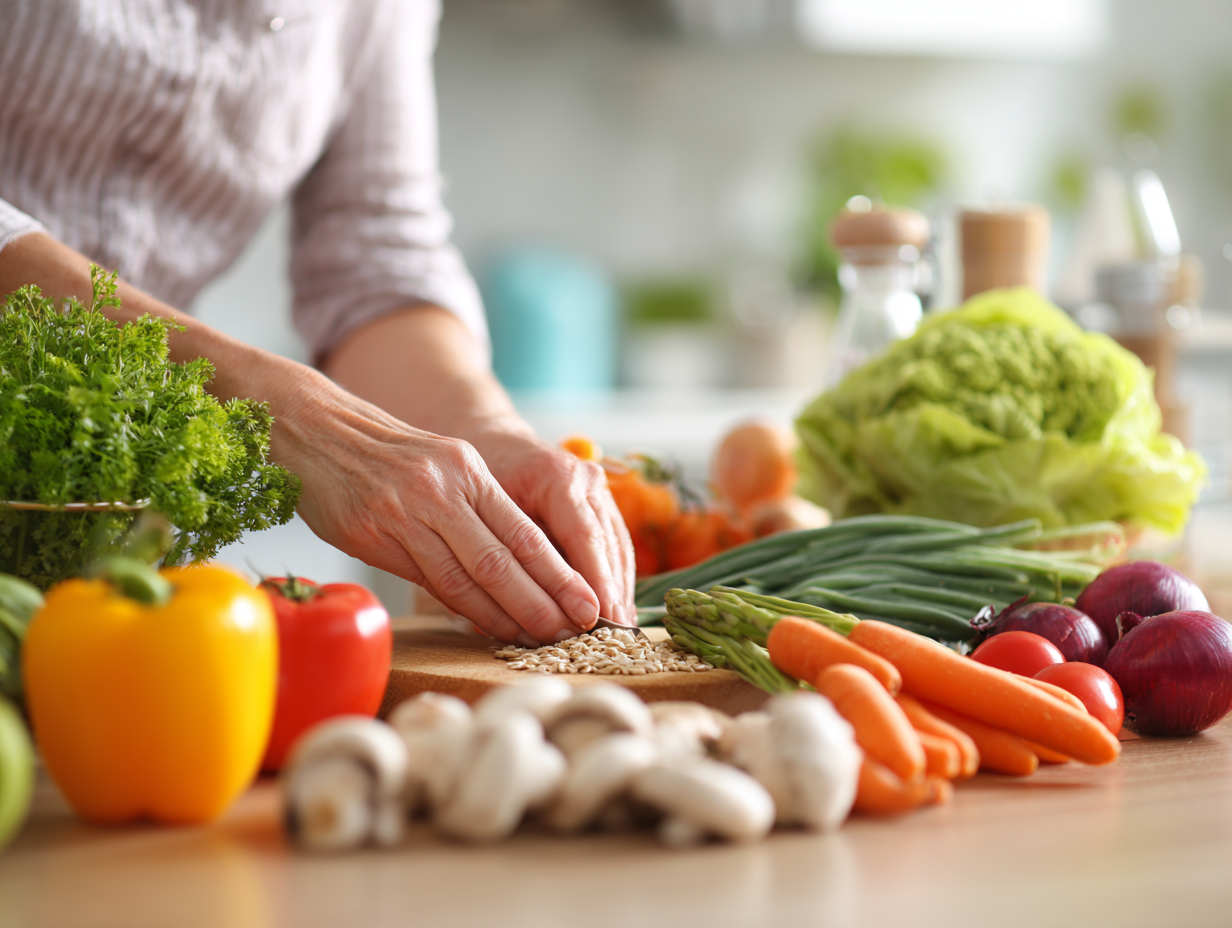 Friss zöldségek és gyümölcsök színes tányéron